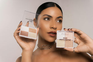 Woman holding two makeup products with 'PINKZI' branding against a neutral background